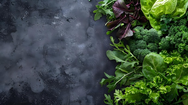 Photo lush mixed greens on dark textured background great for healthy eating