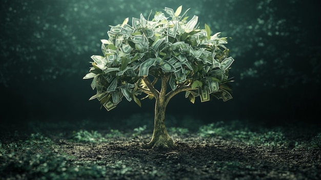 Photo lush money tree with dollar bills symbolizing financial success wealth growth and investment potential in a serene green environment