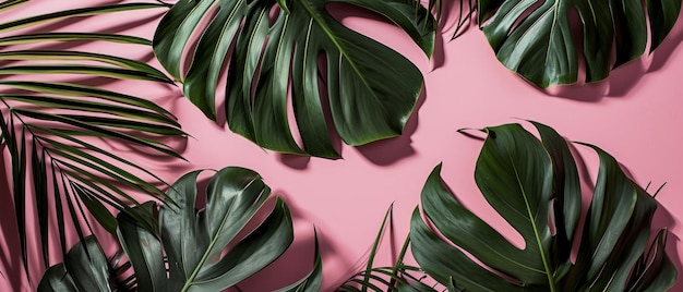 Lush monstera leaves against a vivid pink backdrop