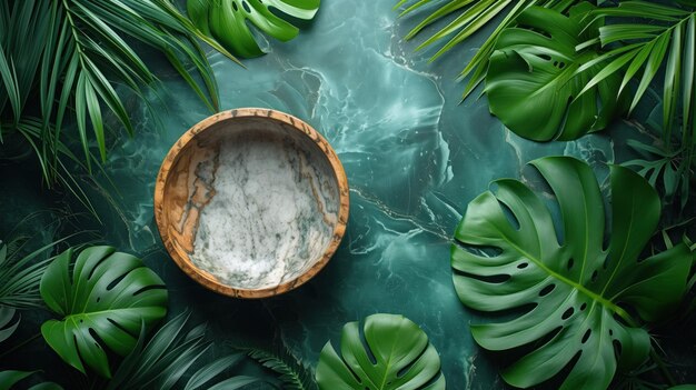 Lush monstera leaves over green marbled surface with wooden bowl