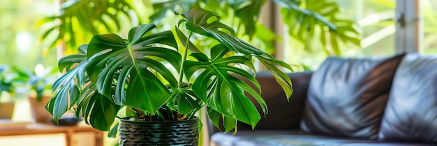 Lush Monstera plant adds a touch of tropical greenery to a welllit cozy living space