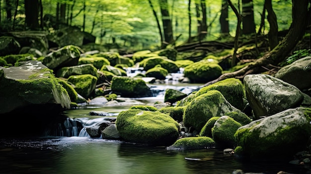 Lush mosscovered rocks in a serene woodland stream