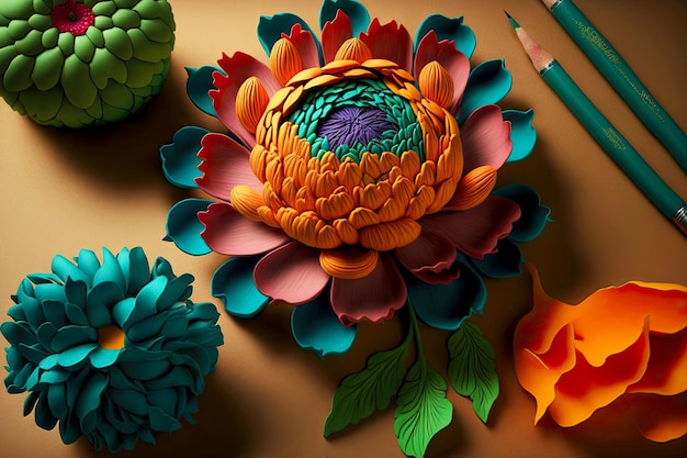 Lush orange green plasticine flower on sand background created with generative ai