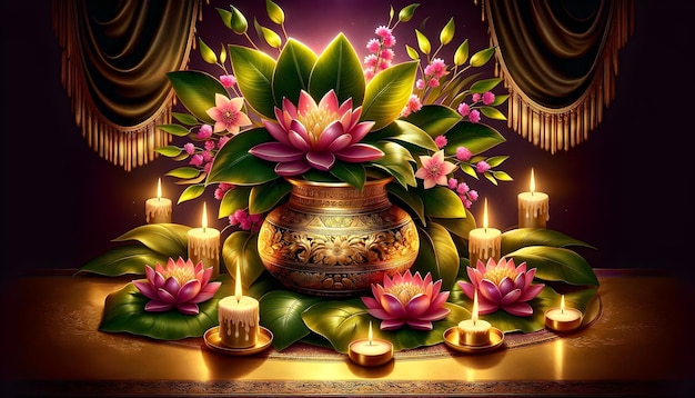 A lush photorealistic scene depicting Akshaya Tritiya celebrations with a golden pot candles and