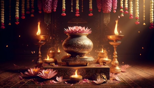 A lush photorealistic scene depicting Akshaya Tritiya celebrations with a golden pot candles and