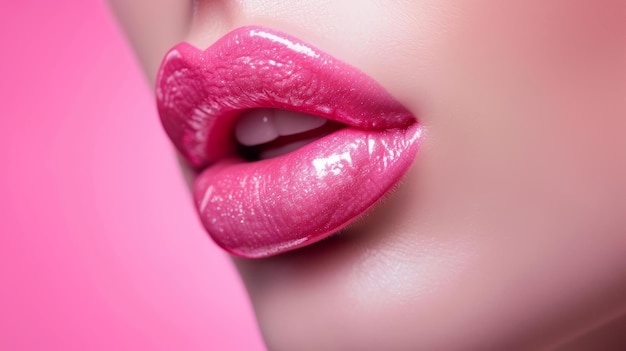 Photo lush pink lipstick on womans lips vibrant and glossy ai generated