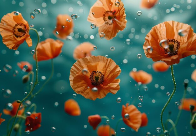 Lush poppy flowers submerged in water casting a calm over the intense orange blossoms