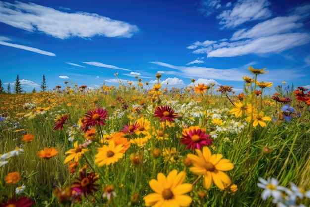 Lush prairie filled with colorful and vibrant flowers under blue skies generative IA