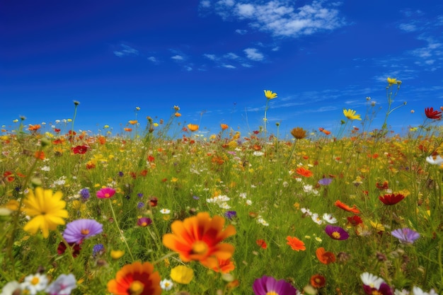 Lush prairie filled with colorful and vibrant flowers under blue skies generative IA