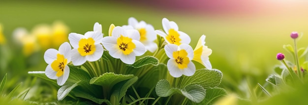 Lush primrose flowers in full bloom basking in the soft spring sunlight