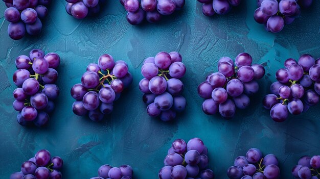 Photo lush purple grape clusters on textured teal canvas top view