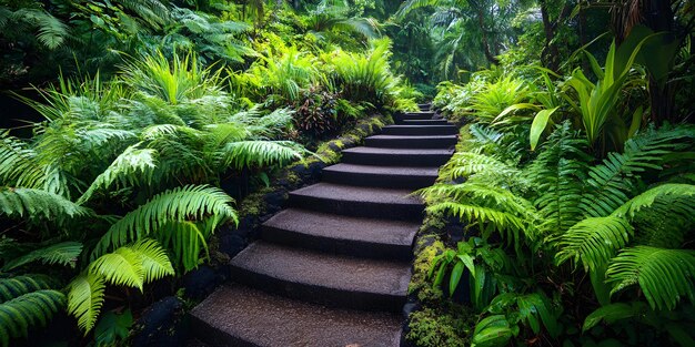 Lush Rainforest Path Surrounded by Tropical Plants