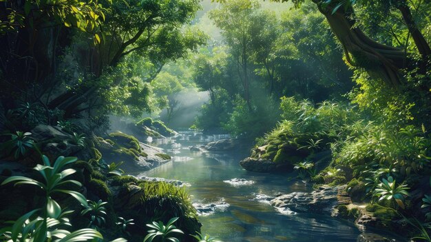 Photo lush rainforest stream with dense foliage and sunlight piercing through trees