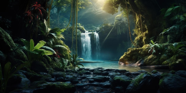 Photo lush rainforest waterfall