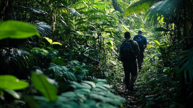 Photo lush rainforest with wildlife conservationists tracking endangered species