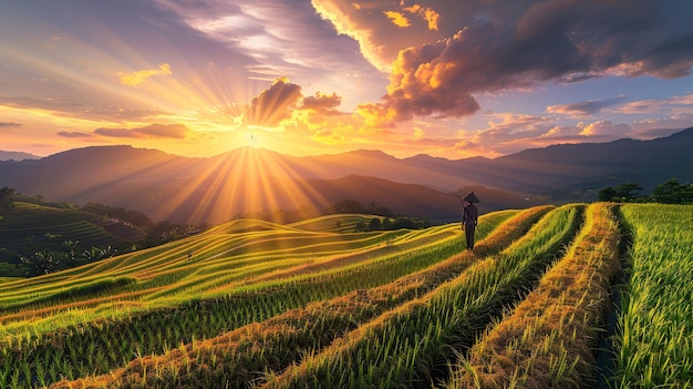 Lush rice fields bask in the golden light of the setting sun casting long shadows across the landscape a solitary scarecrow stands amidst the rows of crops and the distant mountains create a