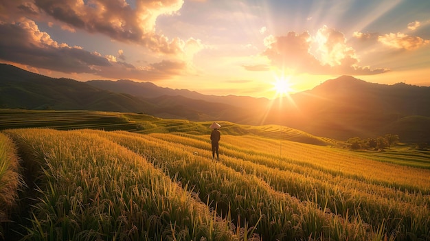 Lush rice fields bask in the golden light of the setting sun casting long shadows across the landscape a solitary scarecrow stands amidst the rows of crops and the distant mountains create a