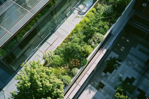 Photo a lush rooftop garden brimming with diverse greenery sits high above an urban landscape offering a breath of nature amid the city