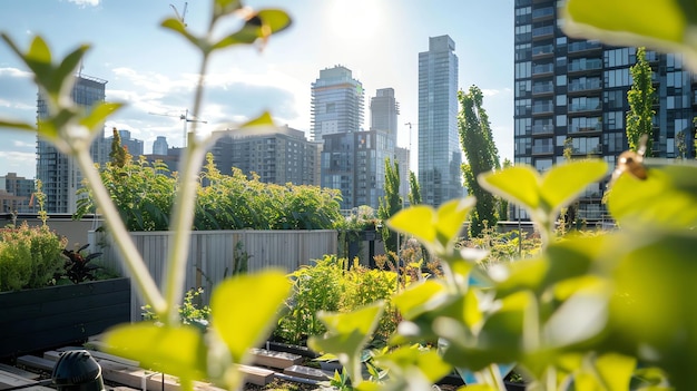 Photo a lush rooftop garden in the middle of a bustling city