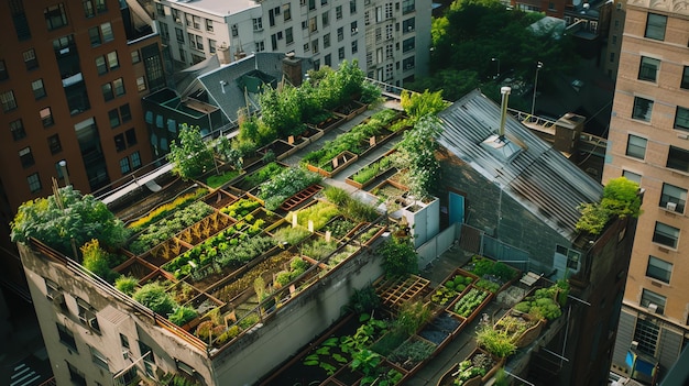 A lush rooftop garden in the middle of a busy city