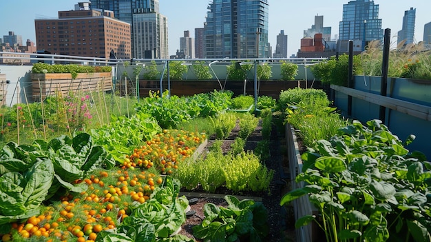 A lush rooftop garden in an urban setting The garden is filled with a variety of