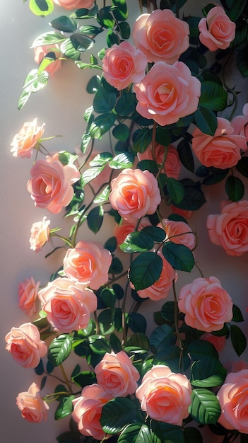 A lush rose vine with pink blossoms in full bloom