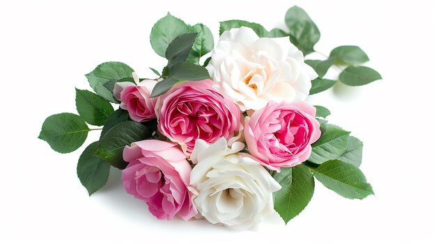 Lush roses bouquets with leaves isolated