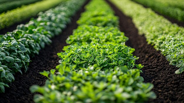 Photo lush rows of fresh herbs in a vibrant agricultural landscape showcasing sustainable farmin