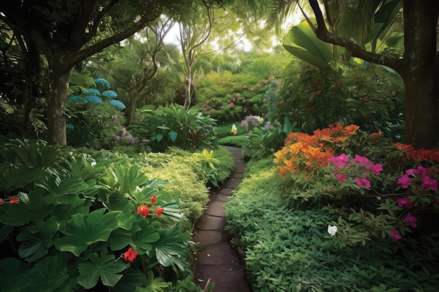 Lush scenery of dense and colorful plants generative IA