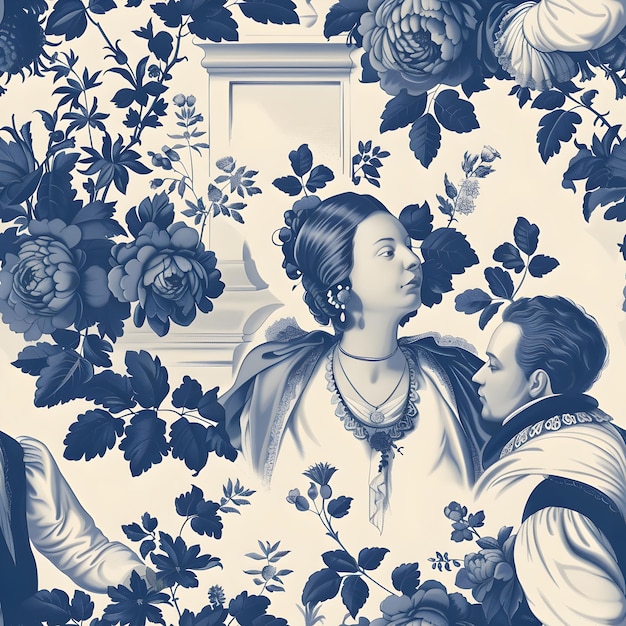 Lush Toile de Jouy Pattern Showcasing Amorous Renaissance Couples in Ornate Palace Gardens