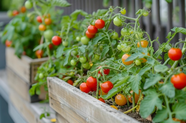 Lush Tomatoes Growing in Garden Boxes