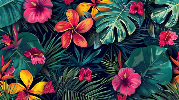 Lush tropical background with vibrant flowers and leaves