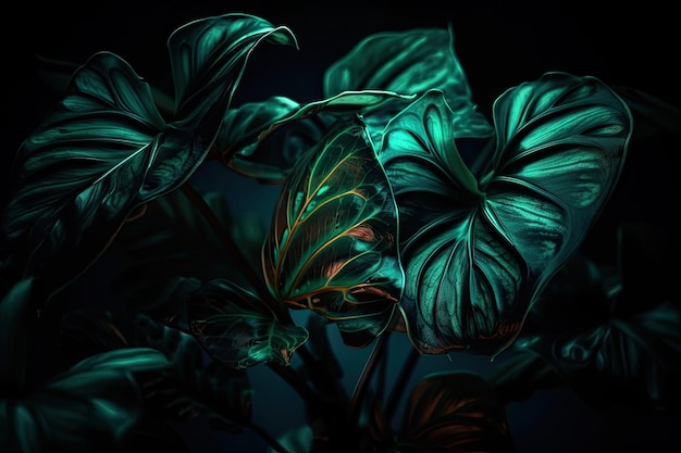 Lush Tropical Foliage Illuminated by Neon Lights