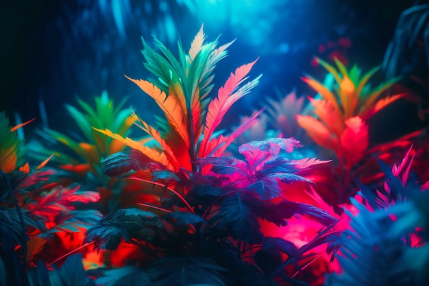 Lush tropical foliage in vivid gradient holographic shades reminiscent of a fantastical paradise