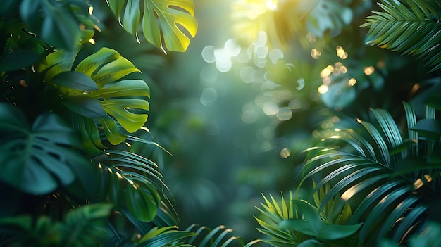 Lush Tropical Foliage in Warm Sunlit Jungle Backdrop for Serene Summer Escape