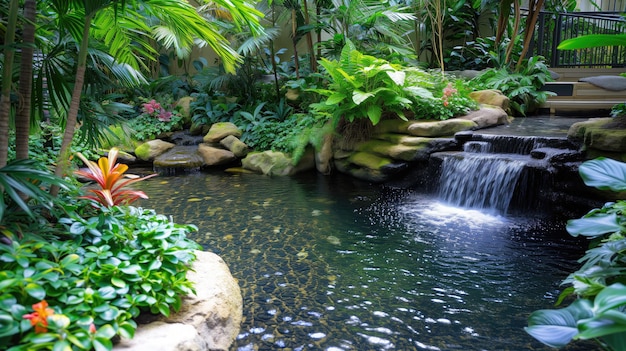 A lush tropical garden paradise with a small cascading waterfall evoking peace and serenity