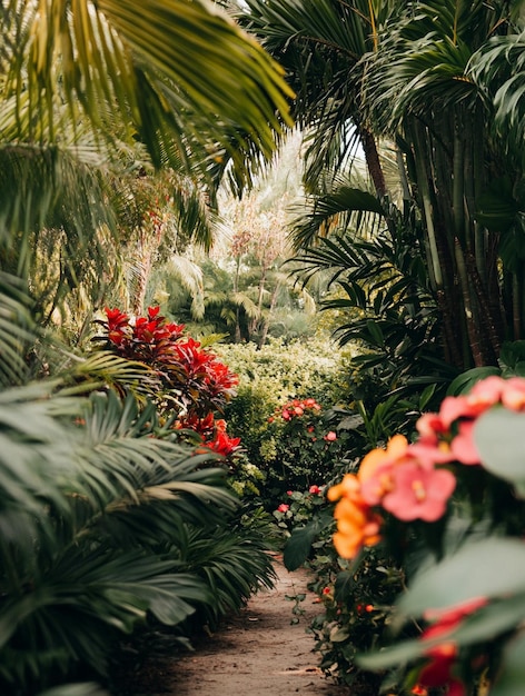 Photo lush tropical garden pathway with vibrant flowers