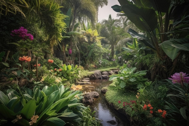 Lush tropical garden with majestic tree stream flowers and birds generative IA