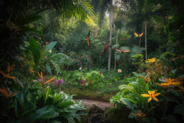 Lush tropical garden with majestic tree stream flowers and birds generative IA