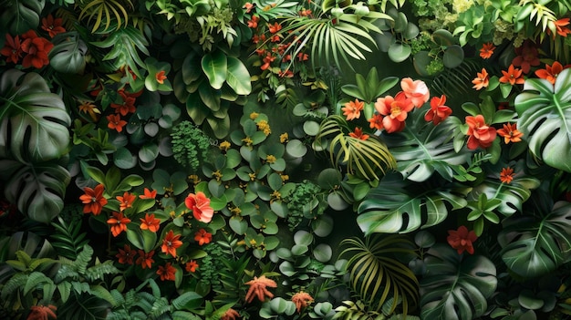 Lush Tropical Garden with Red Flowers