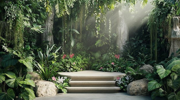 Lush tropical greenery with sunlight filtering through in a serene garden setting