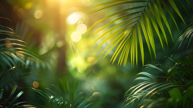 Lush Tropical Greenery with Sunlit Foliage and Bokeh Background