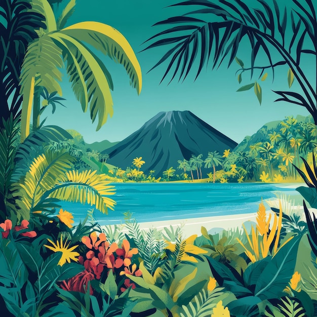 Photo lush tropical island with a volcanic mountain and a calm blue ocean in the background