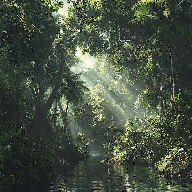 Lush Tropical Jungle with River Dense Greenery and Serenity