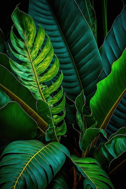 Lush tropical leaves dark background