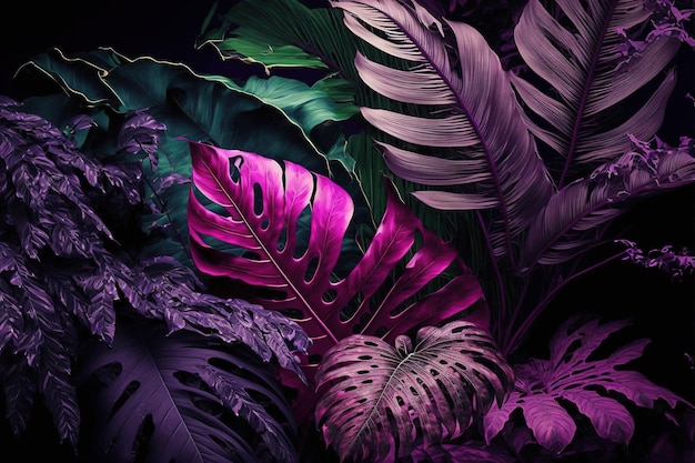 Lush tropical leaves dark background