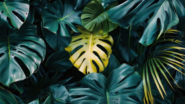 Photo lush tropical leaves with a single yellow monstera leaf