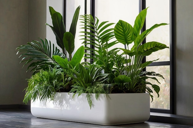 Photo lush tropical plant arrangement with vibrant green leaves sleek pots and natural lighting