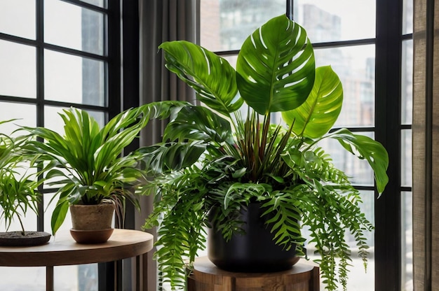 Photo lush tropical plant arrangement with vibrant green leaves sleek pots and natural lighting