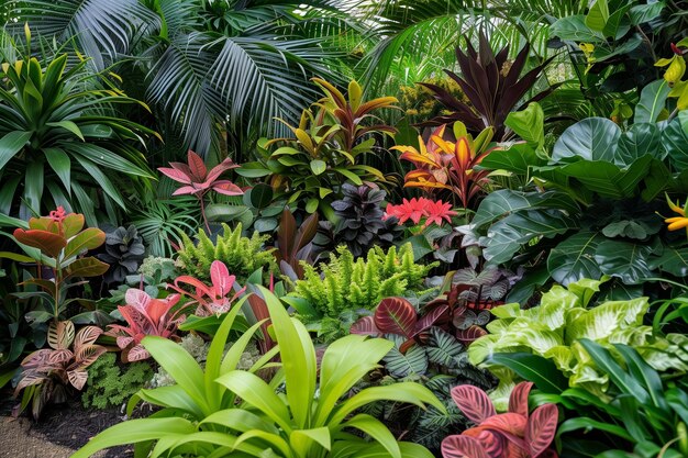 Photo lush tropical plants displaying vibrant colors in a botanical garden during midday sunshine